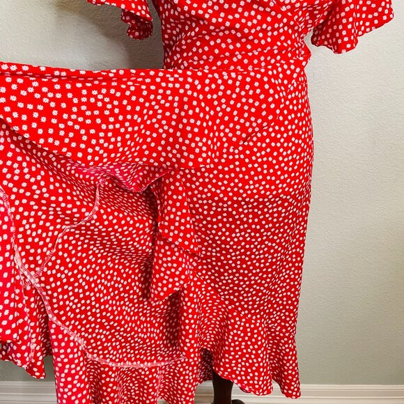Red White Floral Flutter Sleeve Flowy Cottagecore Full Wrap Midi Dress | Large - Picture 4 of 10
